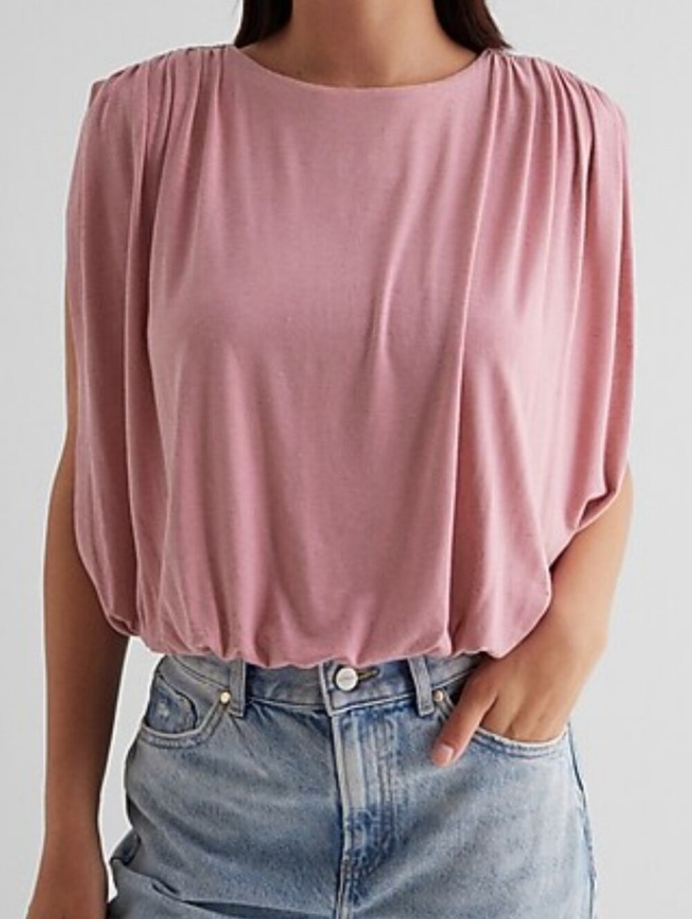 NWT Express Skimming Linen-Blend Ruched Shouder Batwing Sleeve Draped Top XS